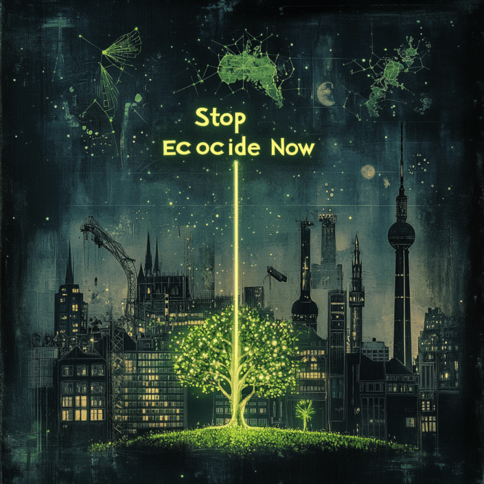 Ein leuchtender grüner Baum steht vor einer dunklen Stadtlandschaft mit Kränen und Schornsteinen. Über dem Baum strahlt ein Lichtstrahl nach oben, in dem die Worte „Stop Ecocide Now“ leuchten. Der Berliner Fernsehturm ist im Hintergrund zu erkennen.