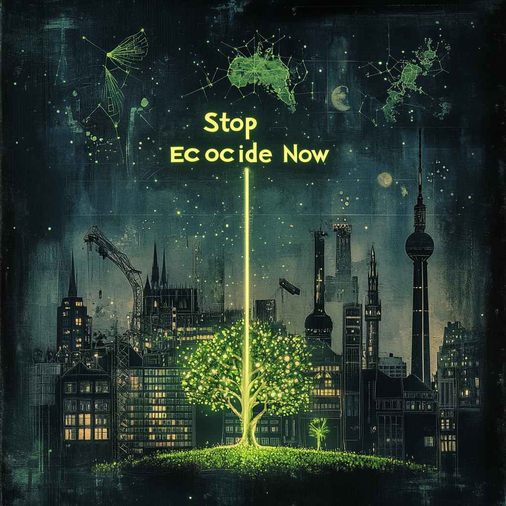Ein leuchtender grüner Baum steht vor einer dunklen Stadtlandschaft mit Kränen und Schornsteinen. Über dem Baum strahlt ein Lichtstrahl nach oben, in dem die Worte „Stop Ecocide Now“ leuchten. Der Berliner Fernsehturm ist im Hintergrund zu erkennen.